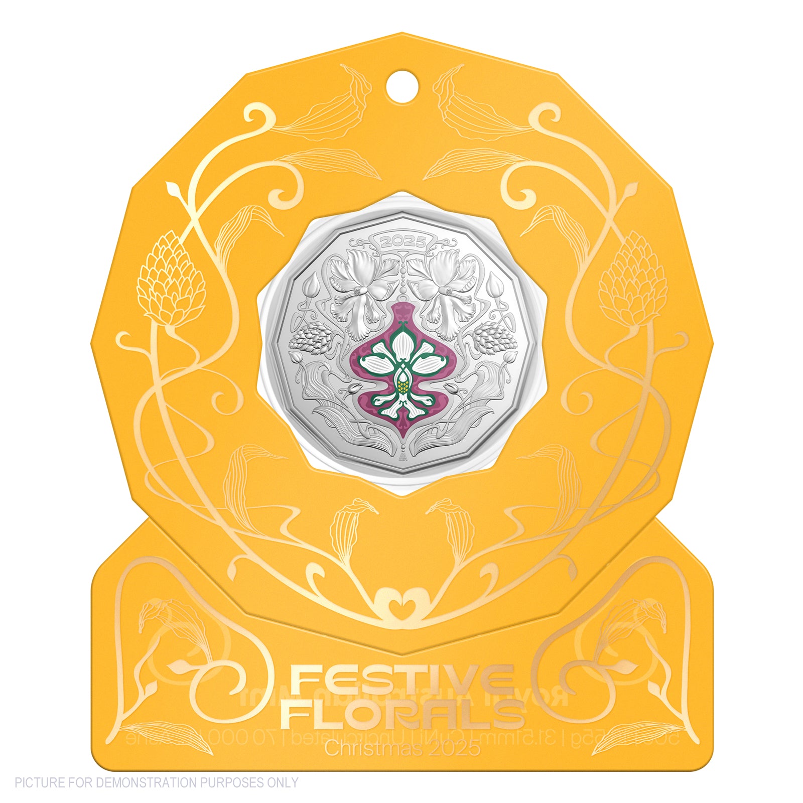 2025 RAM 50c Coloured Uncirculated Coin - Christmas Festive Florals - YELLOW Packaging